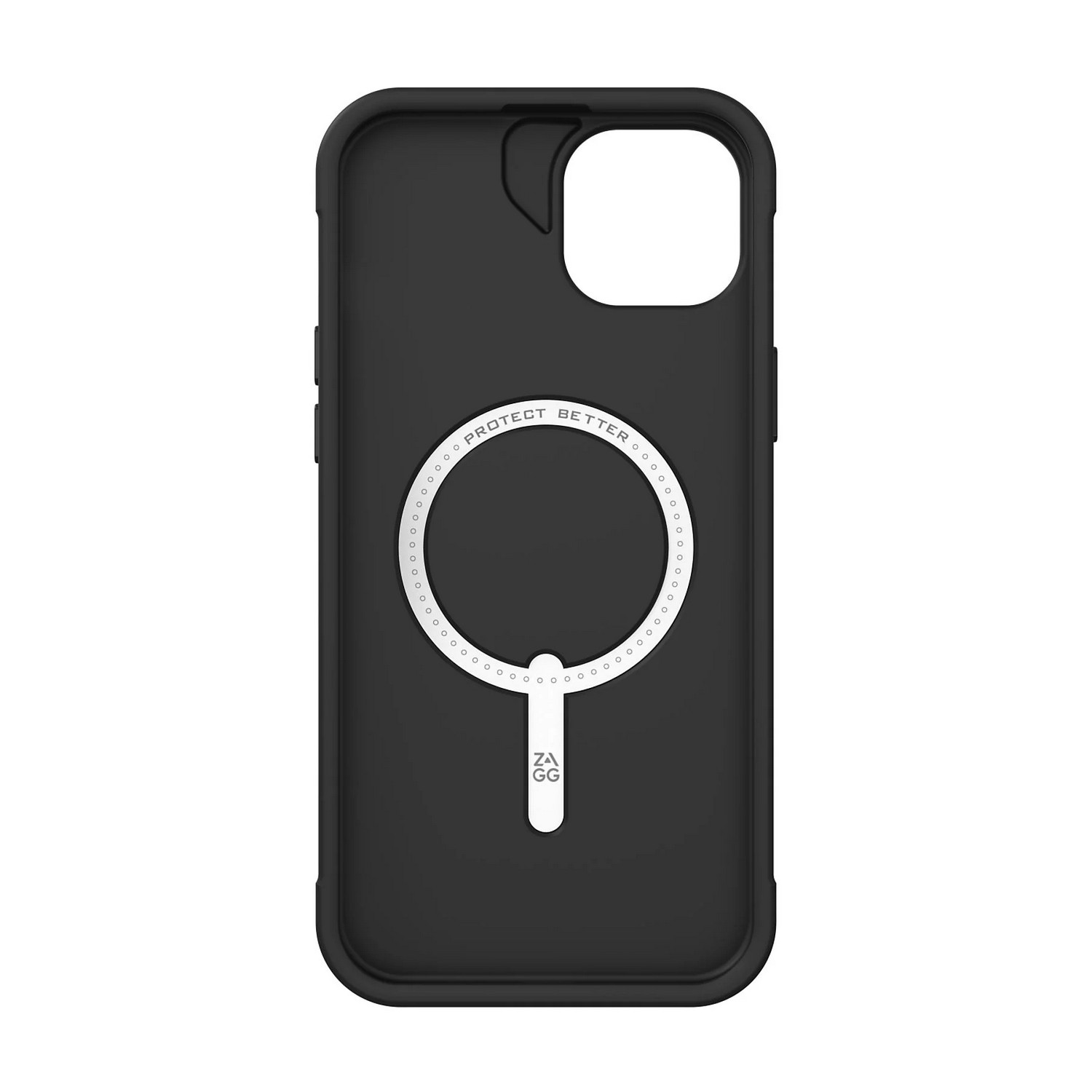 Coque de téléphone noire avec un anneau blanc et le texte 'PROTECT BETTER' et 'ZAGG'.