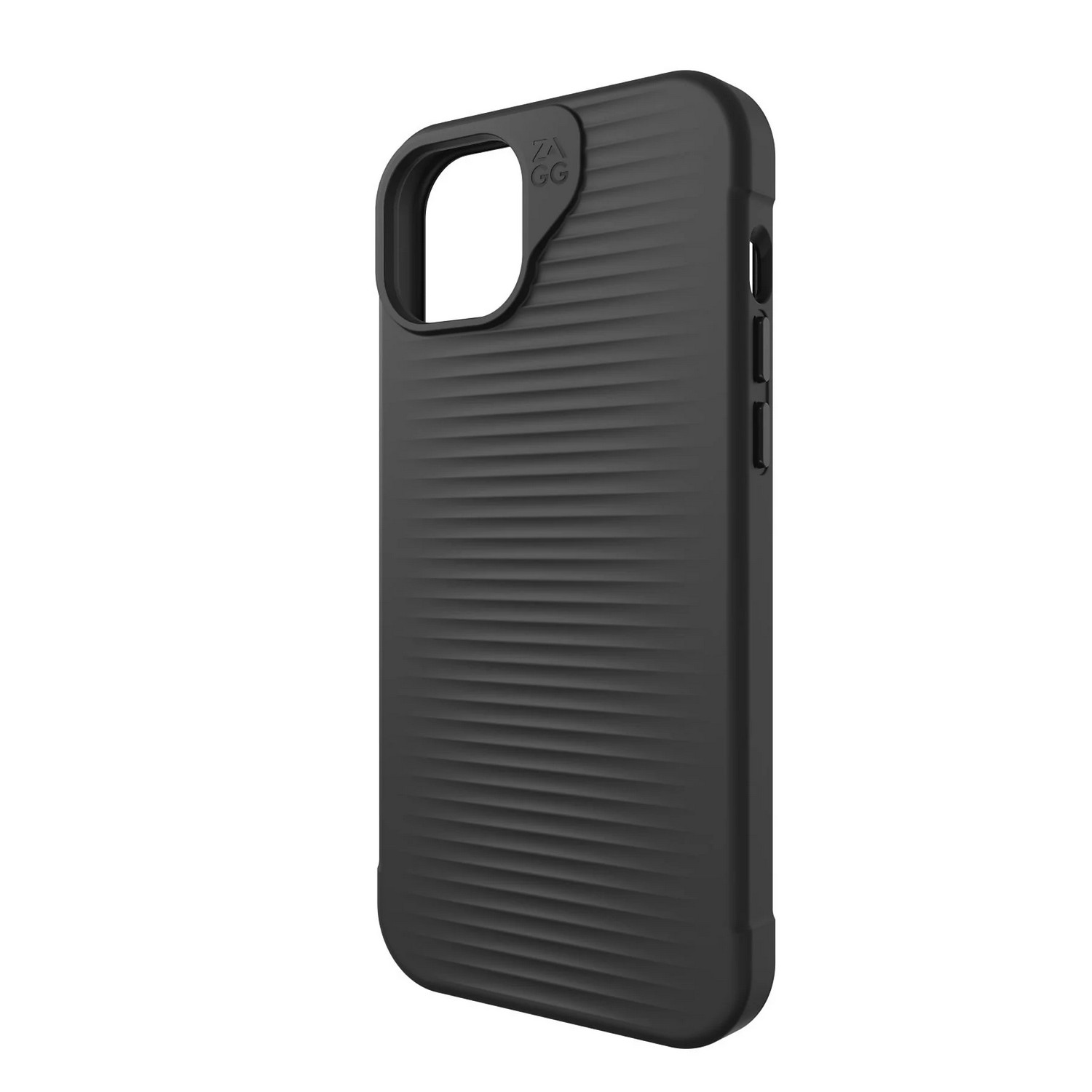 Coque de téléphone noire avec des lignes horizontales, avec une découpe pour l'appareil photo, marque 'ZAGG'.