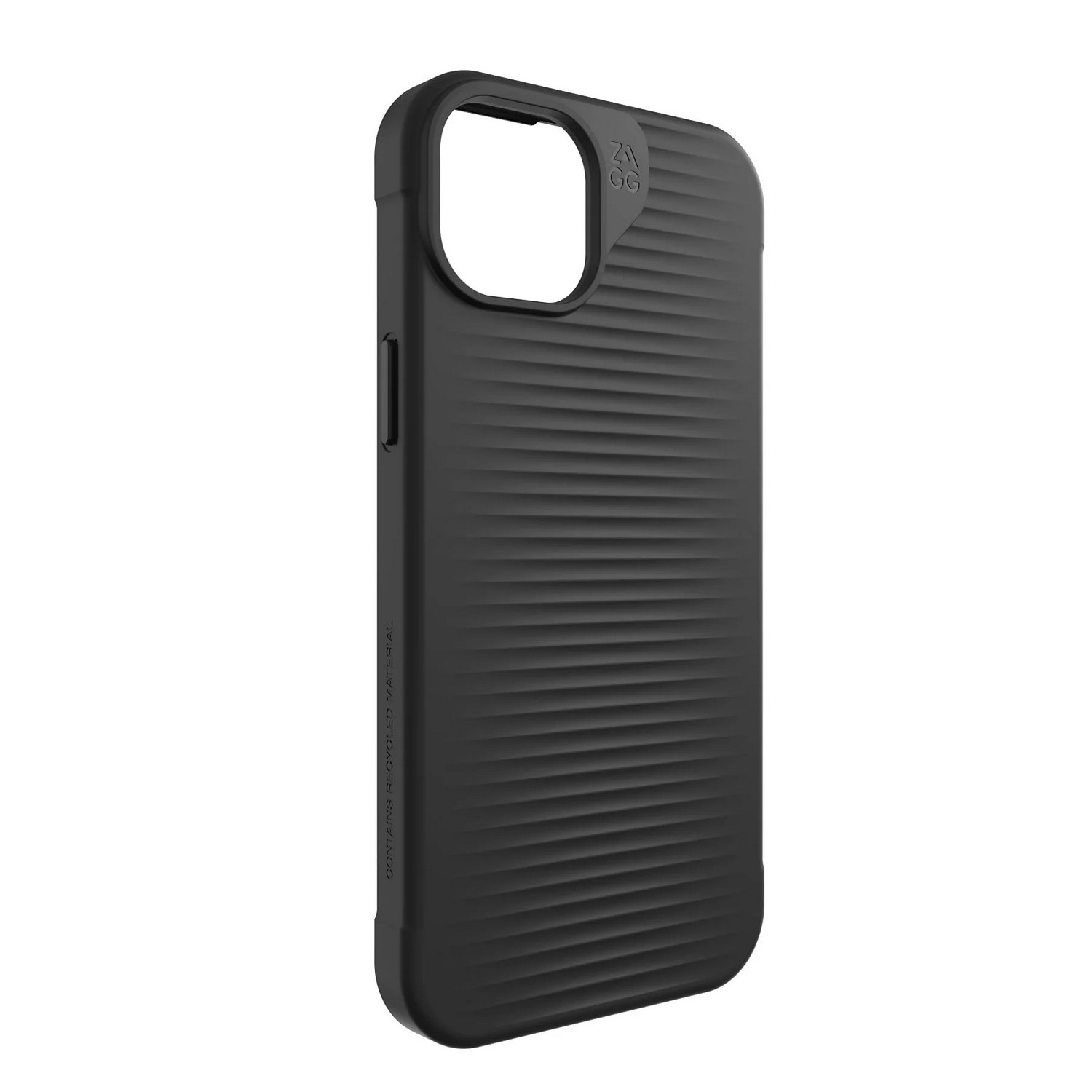 Coque de téléphone noire avec un design texturé. La coque a une découpe pour l'appareil photo.