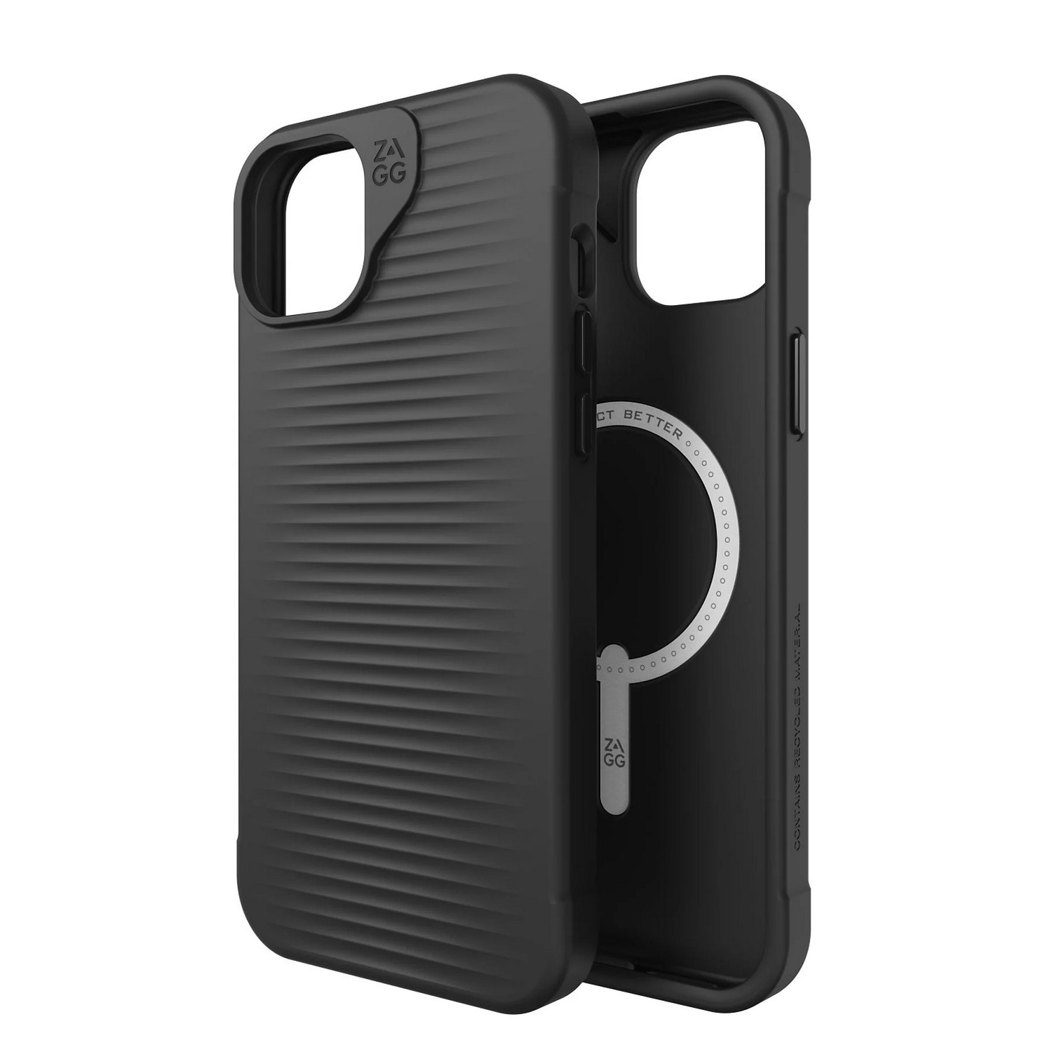 Une coque de téléphone noire avec une surface striée et un anneau magnétique blanc à l'intérieur.