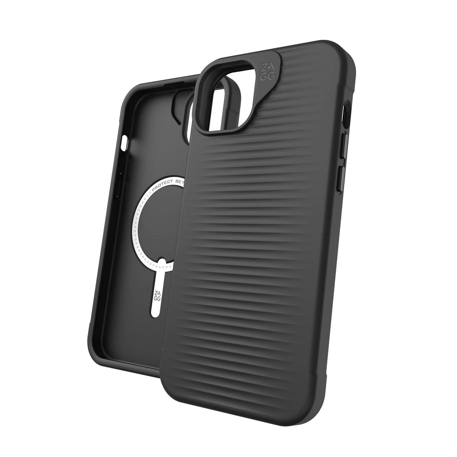 Coque de téléphone noire avec un design nervuré, avec un téléphone à côté.