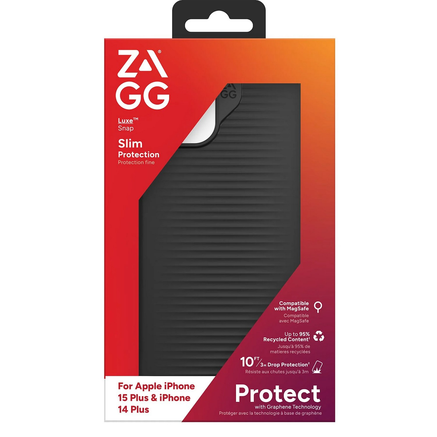Emballage d'étui de téléphone noir avec le logo ZAGG et le texte "Protect".