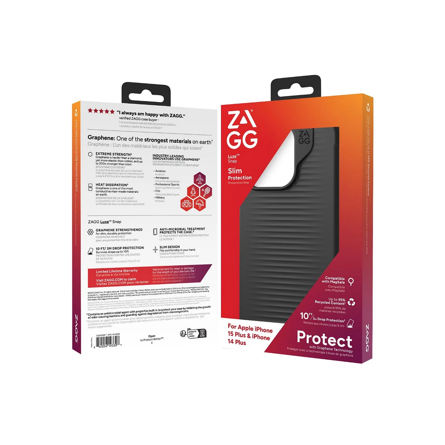 Boîte de coque de téléphone pour iPhone 13 et 14 Plus. Image de coque noire avec infos.