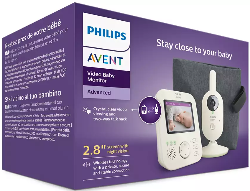 Système de moniteur pour bébé sur une boîte violette avec texte et image de bébé sur l'écran.