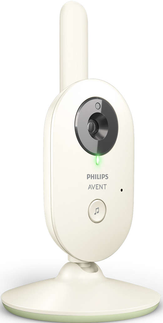 Un babyphone Philips Avent blanc avec une antenne, une caméra et un bouton de haut-parleur.