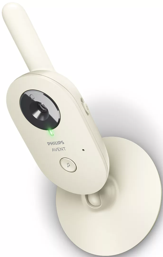 Babyphone blanc cassé avec caméra et socle, écrit Philips AVENT.