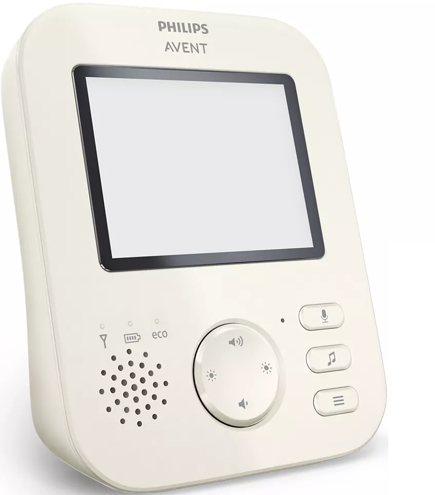 Un babyphone blanc avec un écran et des boutons de commande.