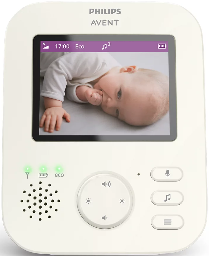 Babyphone avec écran montrant un bébé, avec des boutons et un haut-parleur à la base.