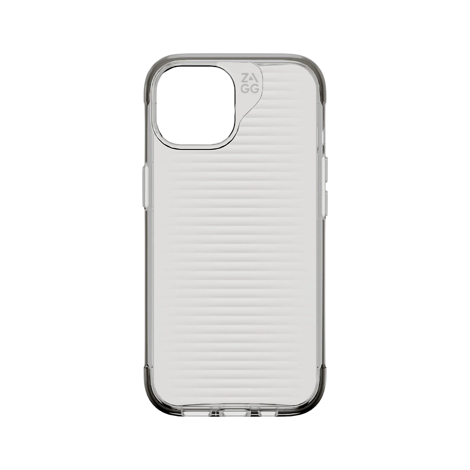 Coque de téléphone transparente avec un design rainuré et une bordure noire, sur fond noir.