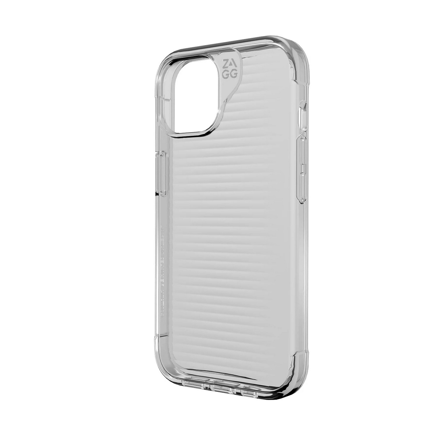 Coque de téléphone transparente avec un design rainuré, sur une surface blanche.