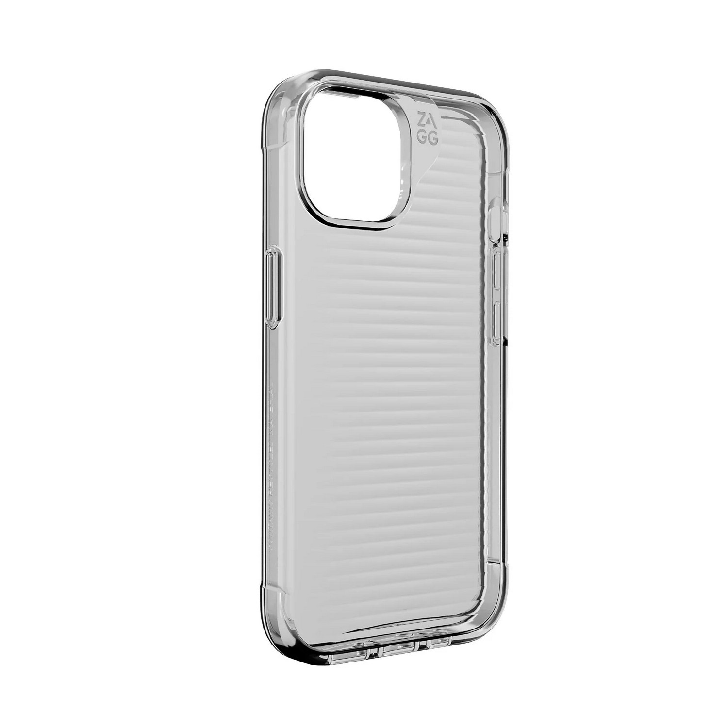 Coque de téléphone transparente avec design rainuré, contour de téléphone et logo ZAGG.