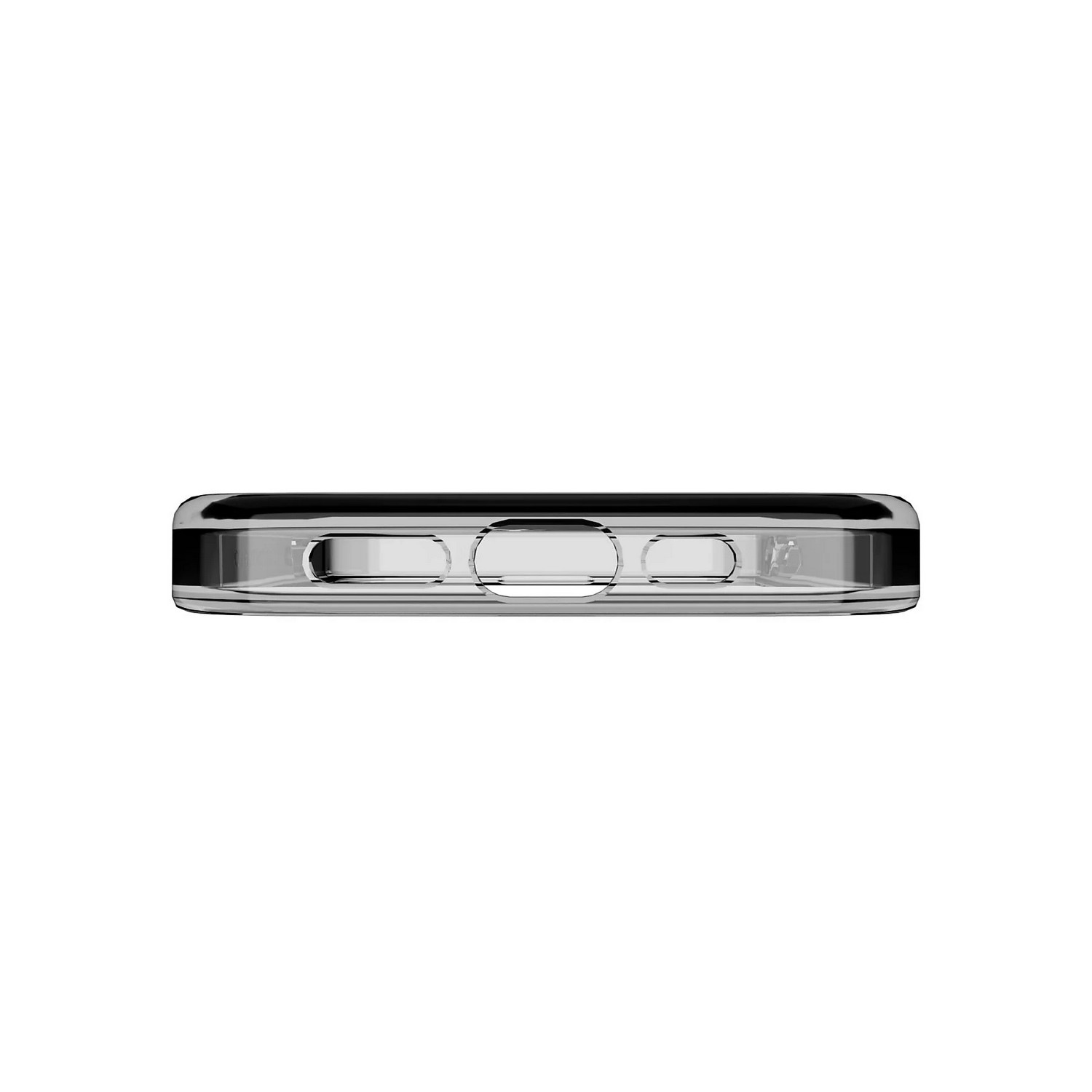Une coque de téléphone transparente, montrant le bord inférieur avec haut-parleur et ports de charge.