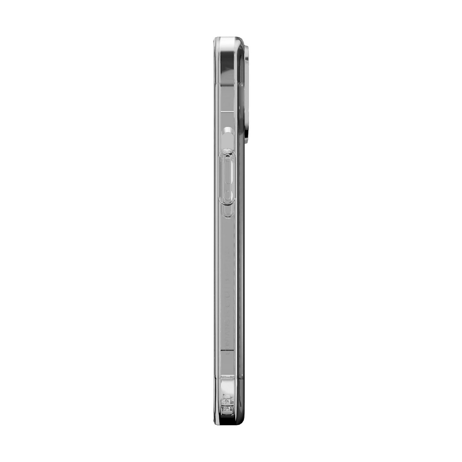 Une coque de téléphone argentée, vue latérale, montrant les boutons latéraux.