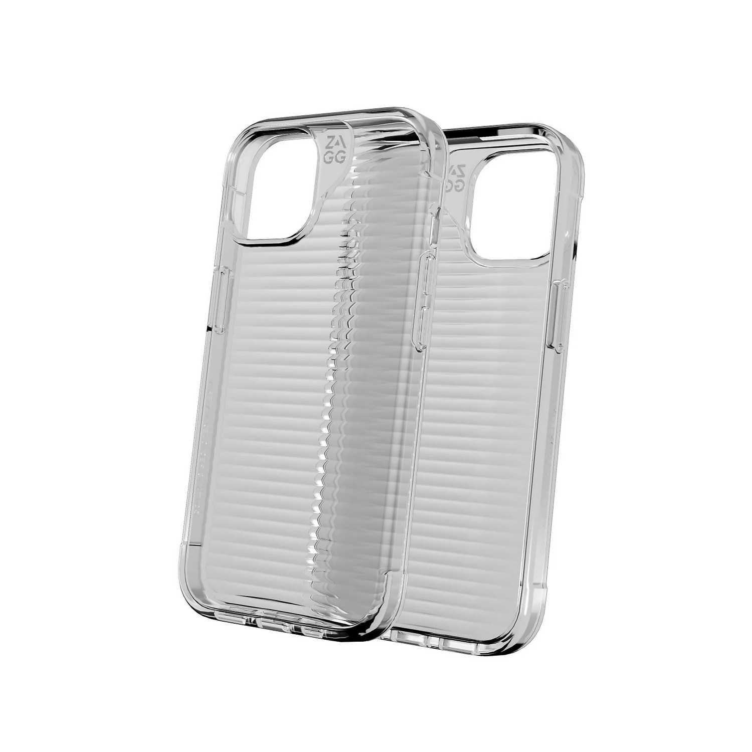 Deux coques de téléphone transparentes avec design rainuré, contour et logo ZAGG.