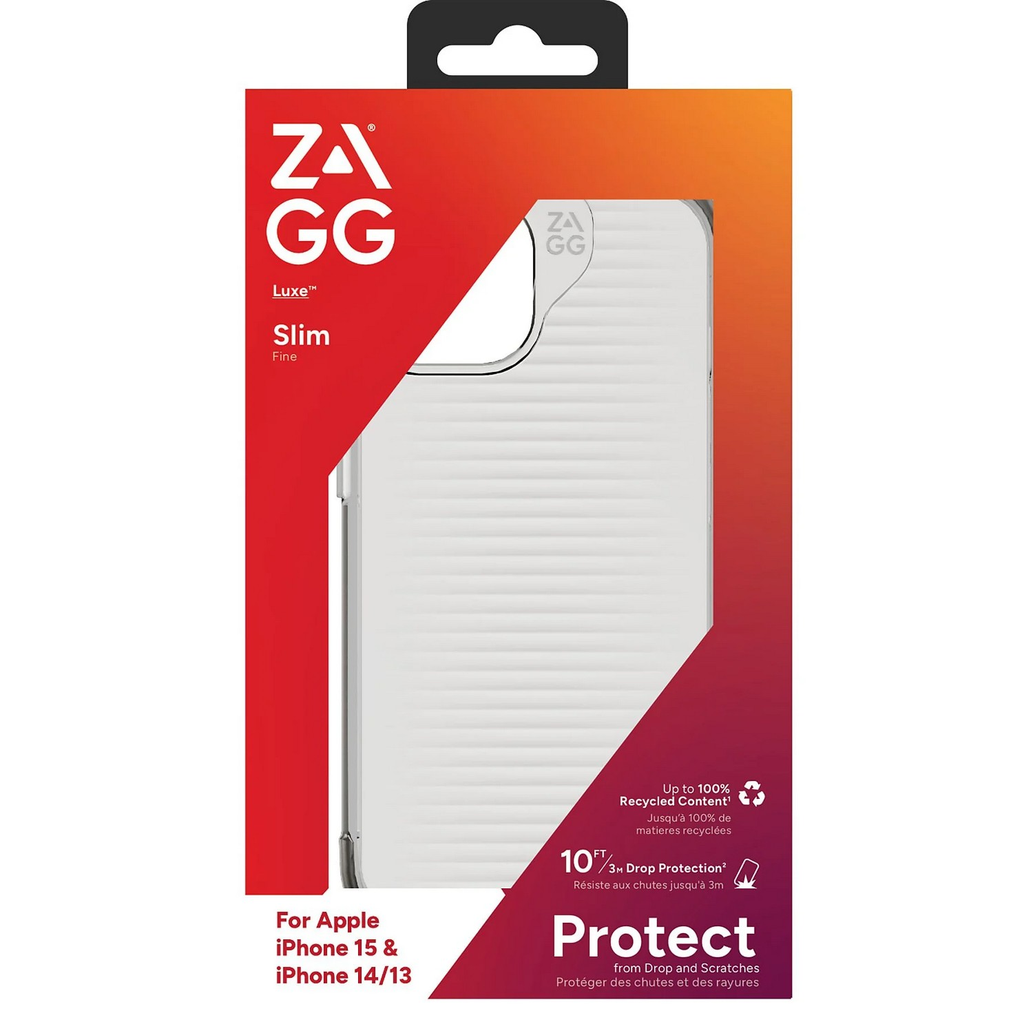 Une coque de téléphone blanche dans une boîte rouge et orange, avec texte et graphiques, pour iPhone 15 & 14/13.