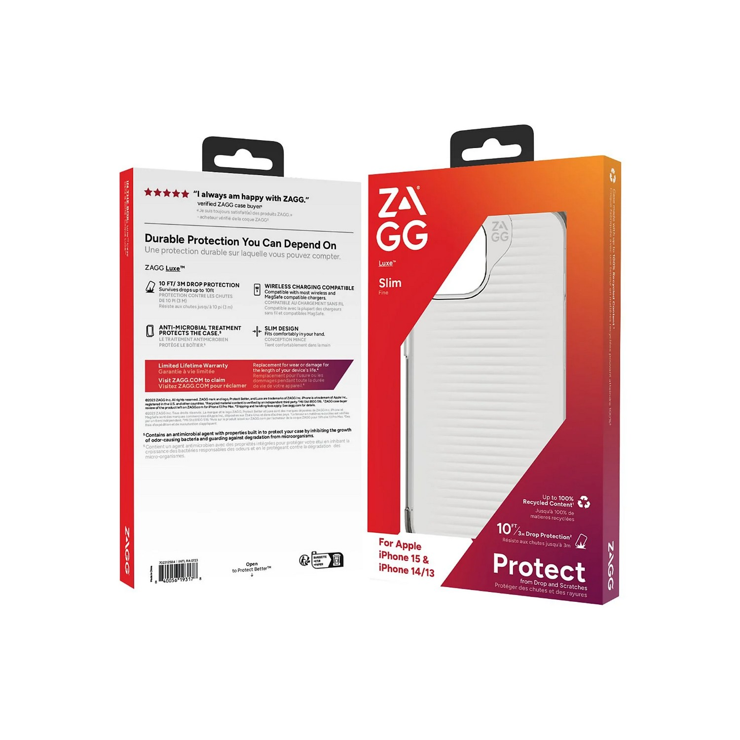 Coque slim ZAGG Luxe pour Apple iPhone 13/14 avec coque blanche et emballage rouge et noir.