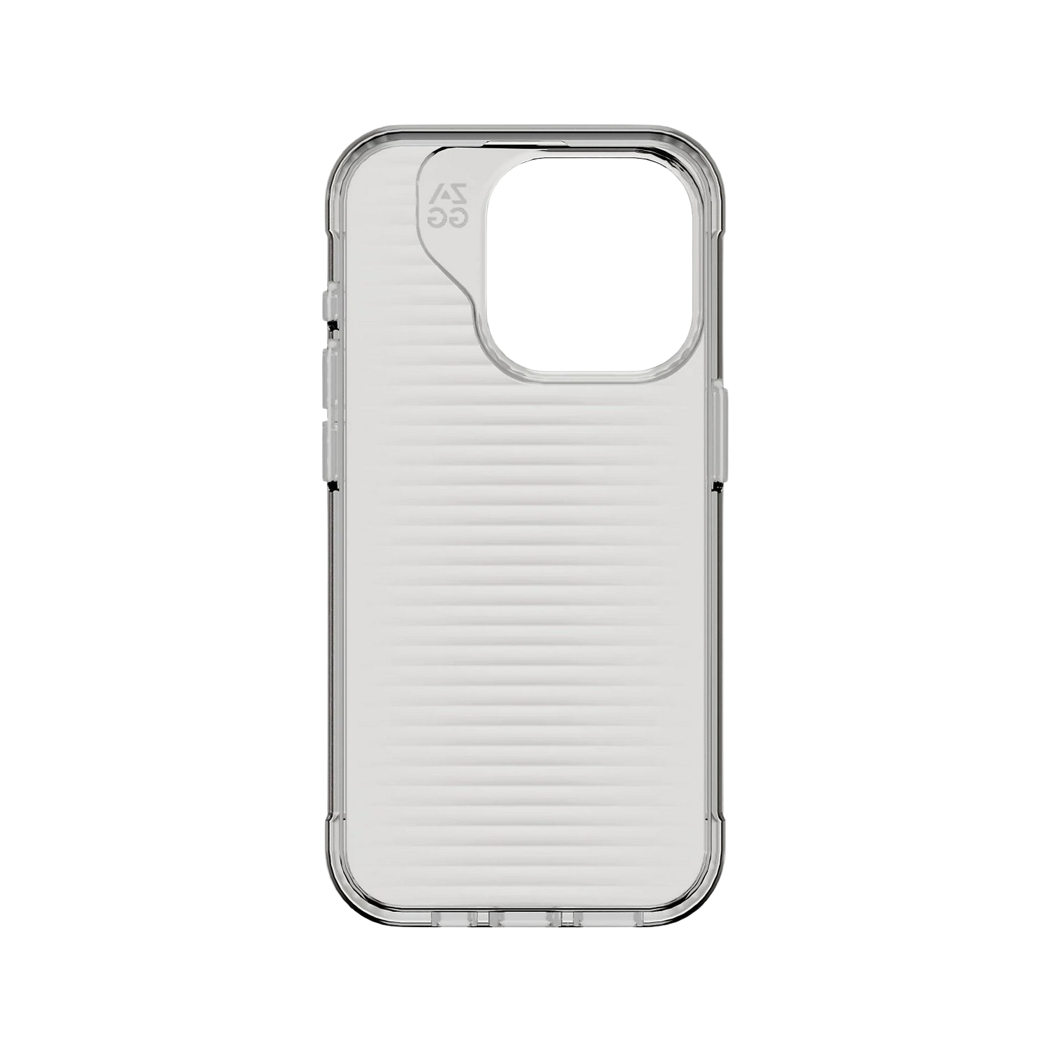 Une coque de téléphone transparente avec un design blanc côtelé, sur fond noir.