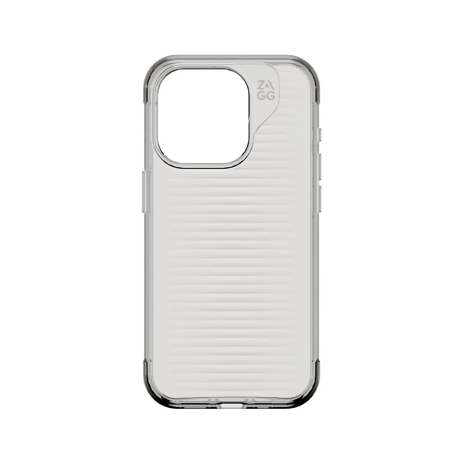 Coque de téléphone transparente avec design rainuré, contour et logo ZAGG.