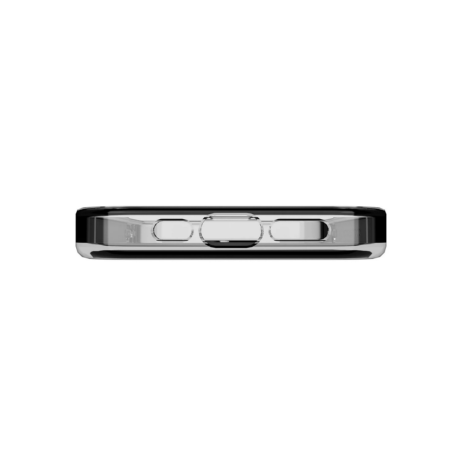 Bord inférieur d'une coque de téléphone. Comprend des découpes pour le port de charge et les haut-parleurs.