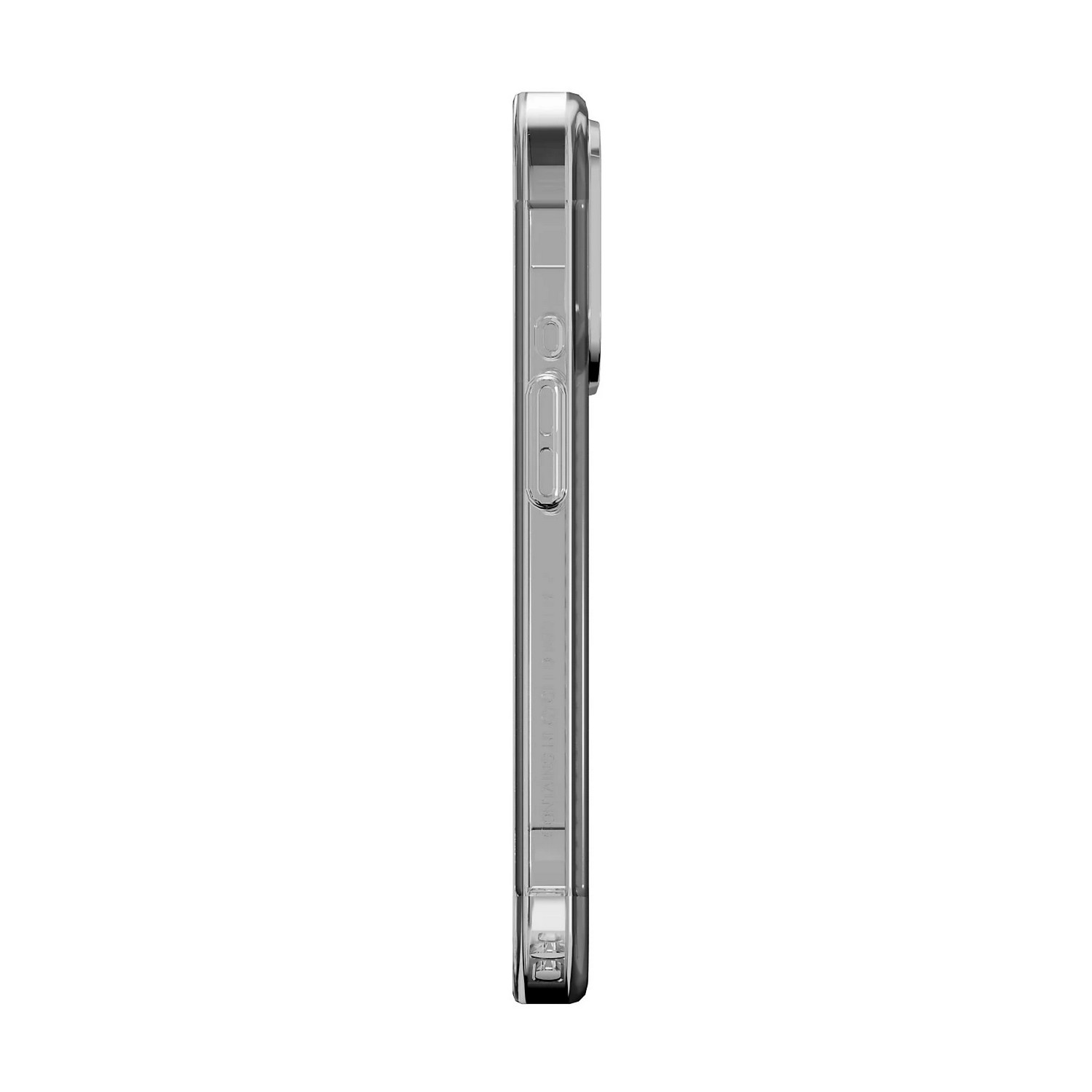 Une coque de téléphone transparente, vue latérale, montrant le bord du téléphone.