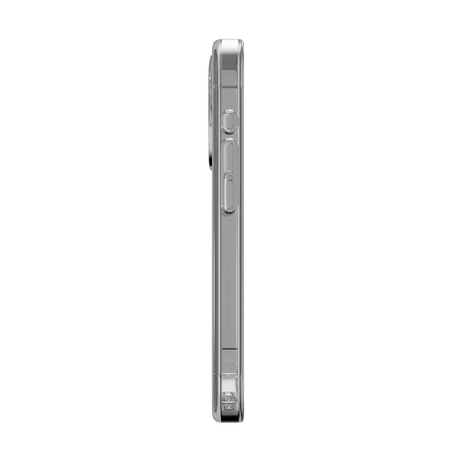Une vue latérale d'un iPhone dans un étui transparent. L'étui est transparent, montrant les boutons latéraux du téléphone.