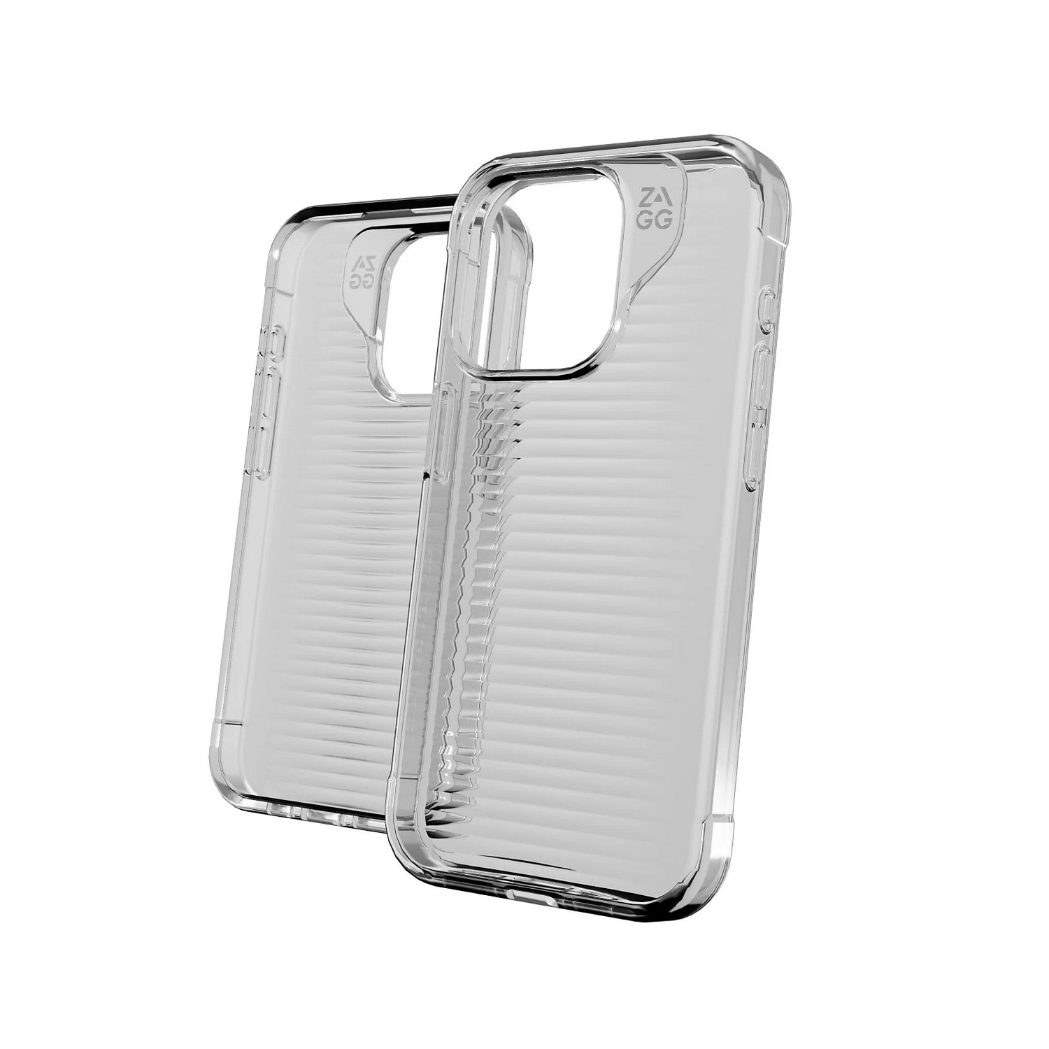 Deux coques de téléphone transparentes. L'une est inclinée, montrant le design transparent avec des lignes texturées.