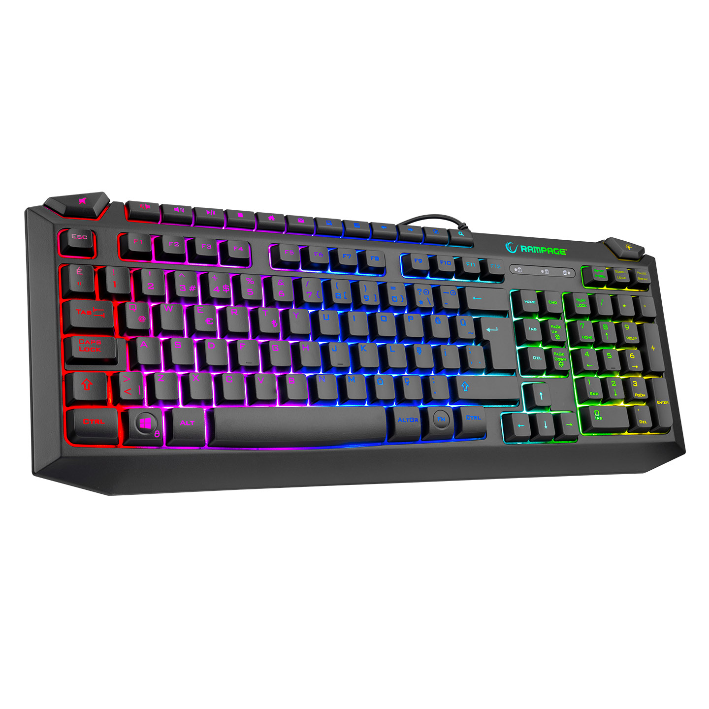 Aydınlatmalı RGB tuşlara ve rampaging logosuna sahip siyah oyun klavyesi.
