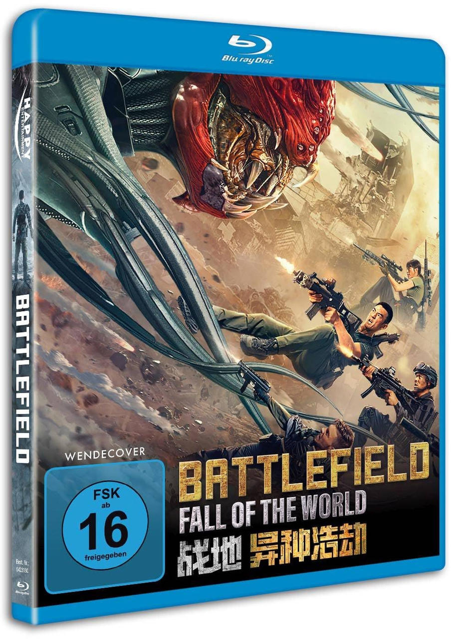 Blu-ray-Hülle für 'Battlefield: Fall of the World'. Action-Szene mit Soldaten, Explosionen, Aliens.