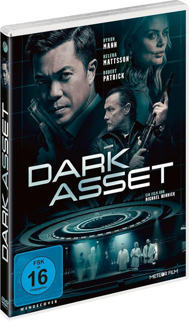 DVD-Cover des Films "Dark Asset". Mit Schauspielern, blauem Hintergrund und Filmtitel.