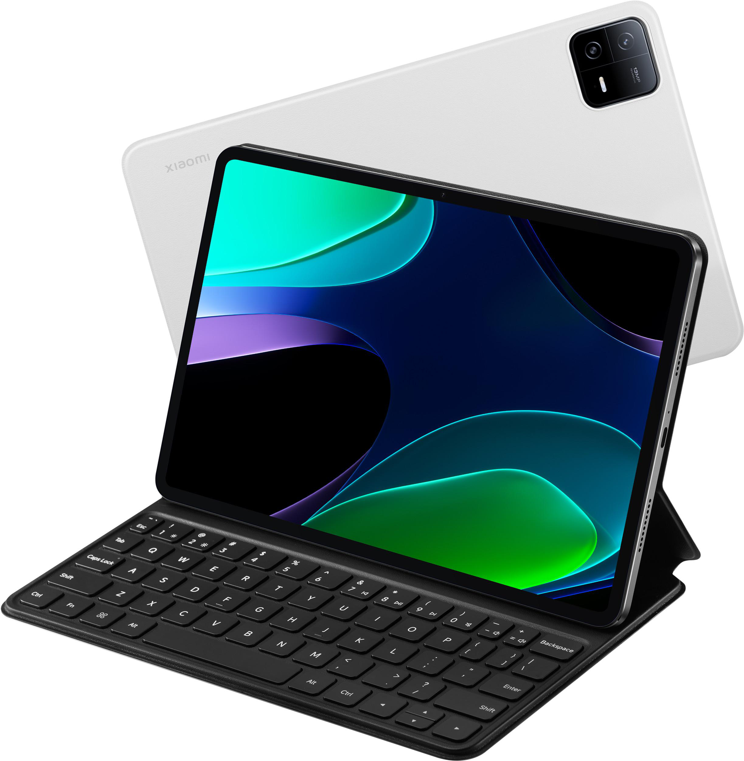 Weißes Tablet mit Tastaturhülle. Der Bildschirm zeigt einen bunten Hintergrund.