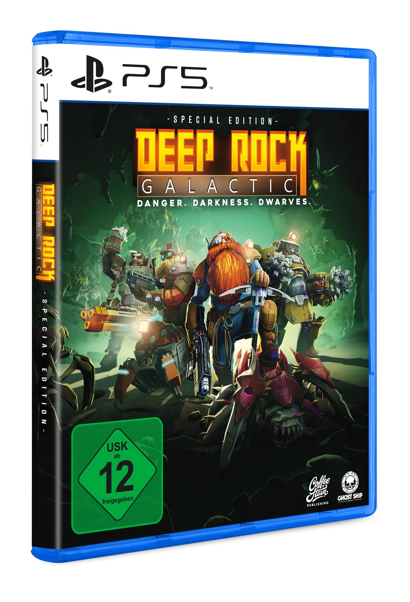 Deep Rock Galactic PS5-Spielhülle, mit blauem Gehäuse und Cover-Art von Zwergen und Monstern.