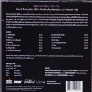 Rückseite einer CD, Titelliste, Details für Manfred Maurenbrechers Album 'Live At Rockpalast 1985'.