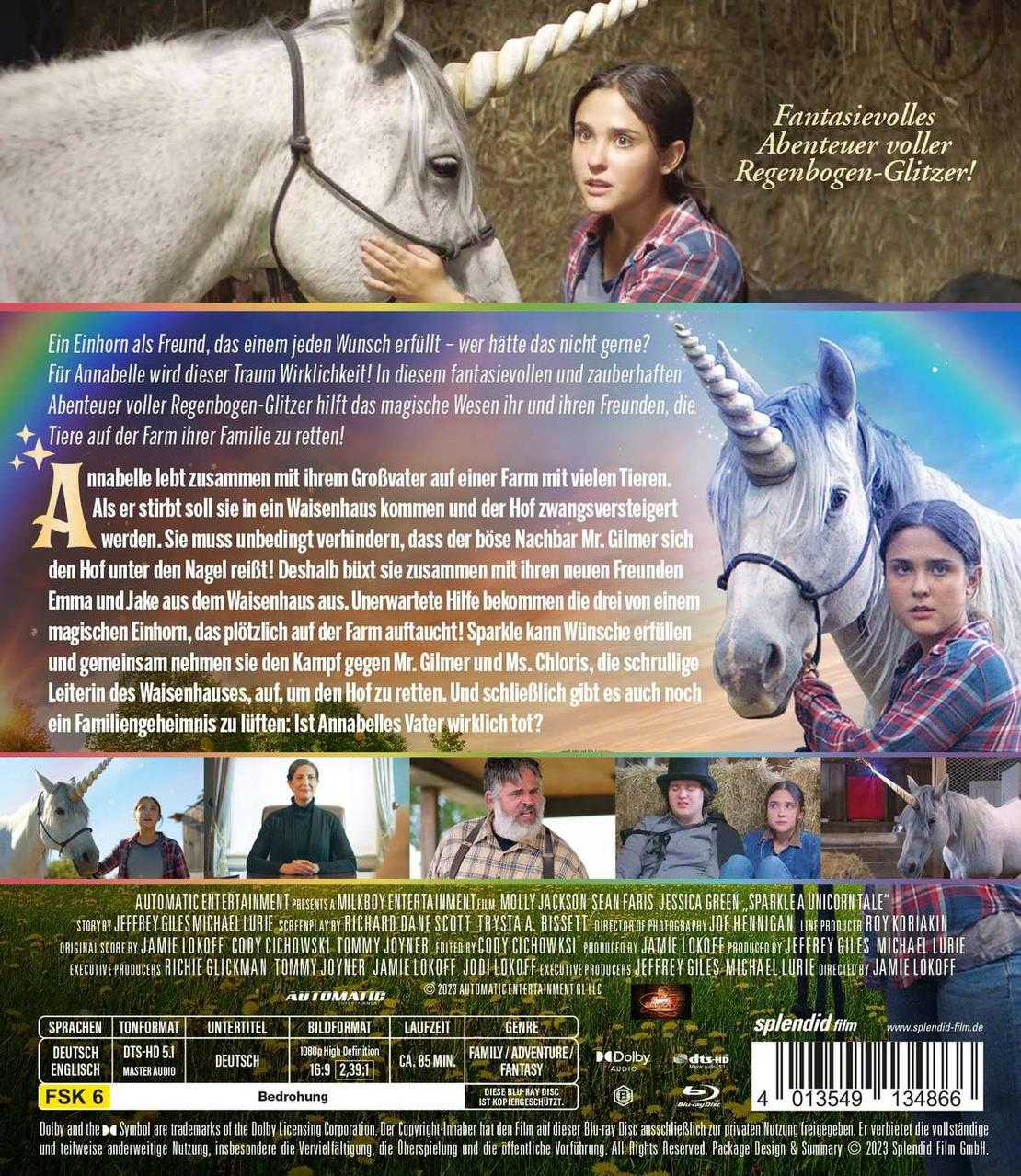 Filmposter über Einhörner. Eine Frau und ein Einhorn im Vordergrund. Der Hintergrund ist ein Bauernhof.