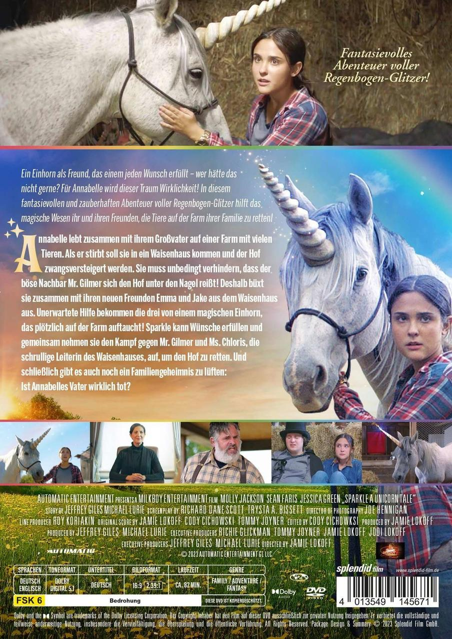 DVD-Hülle eines Films mit Einhorn und Mädchen, mit deutschem Text.