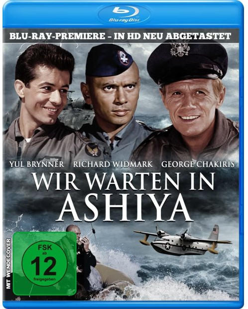 Filmcover mit drei Männern. Titel: 'Wir Warten in Ashiya'. Blu-Ray-Disc mit Rating-Logo.
