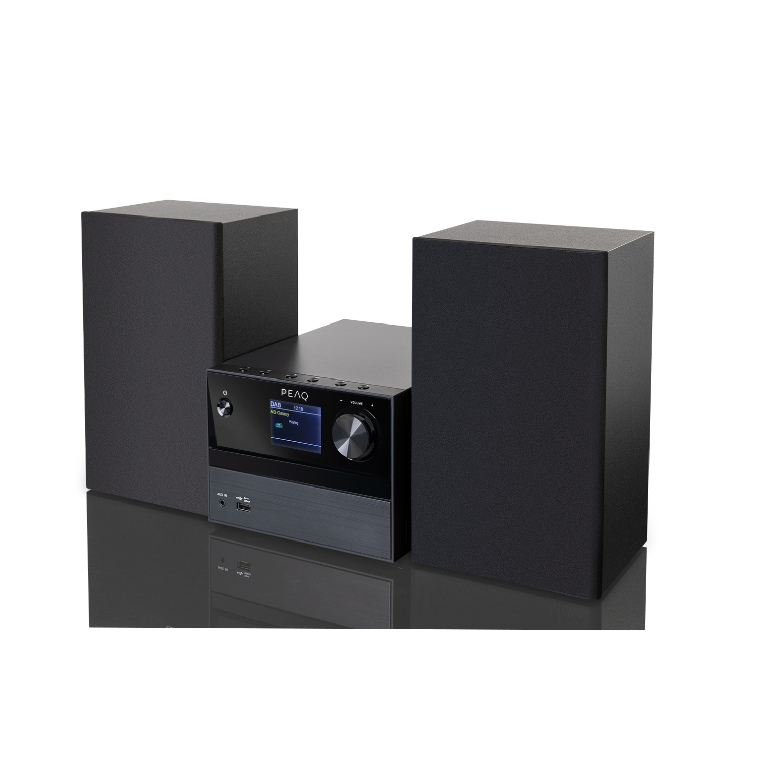 Zwart stereosysteem met twee speakers. De hoofdeenheid heeft een display en knop.