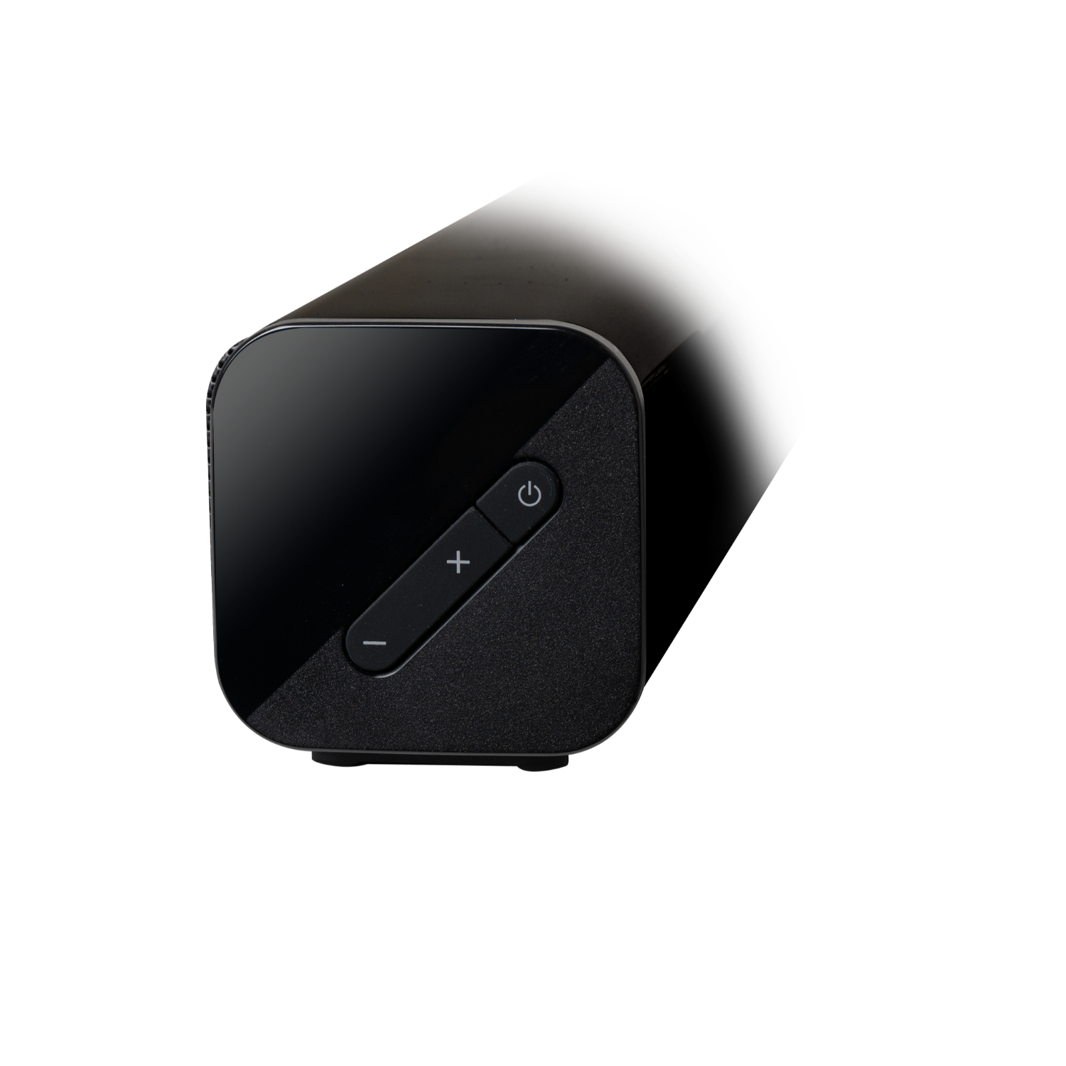 A black soundbar with power and volume controls.