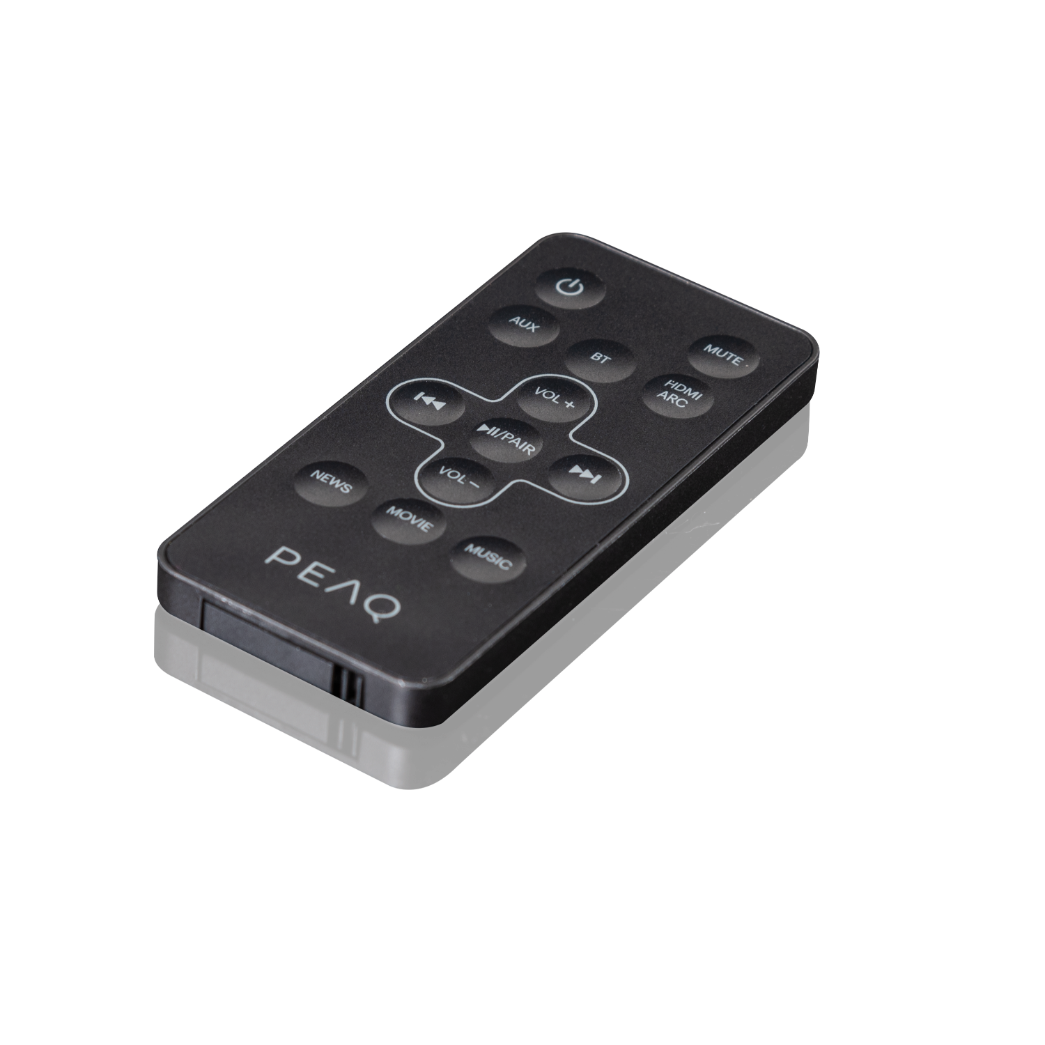 A black remote control with buttons. The word PEAQ is written in the middle.