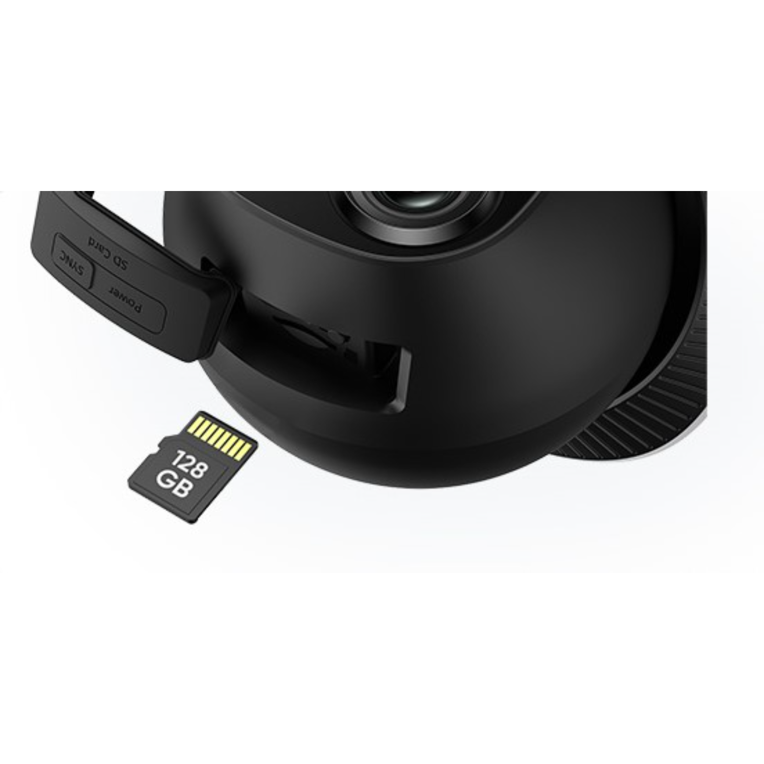Close-up of a black security camera showing an SD card slot and a 128GB SD card inserted.
