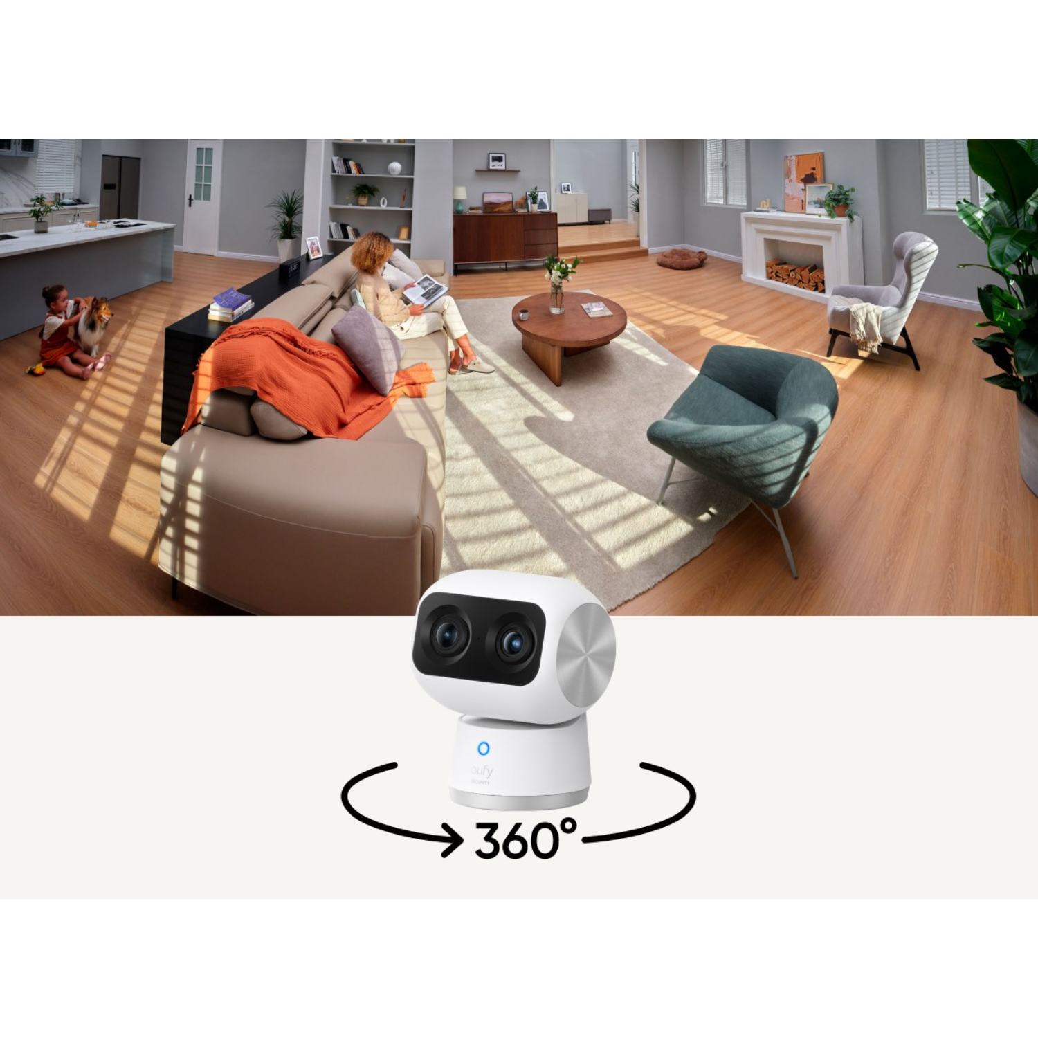 Modern camera in a room, showing a 360-degree view.