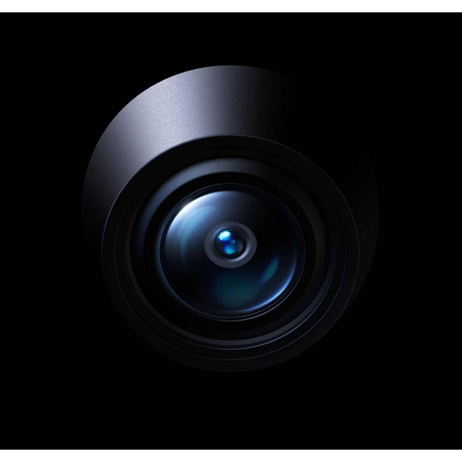 Close-up of a camera lens on a black background.