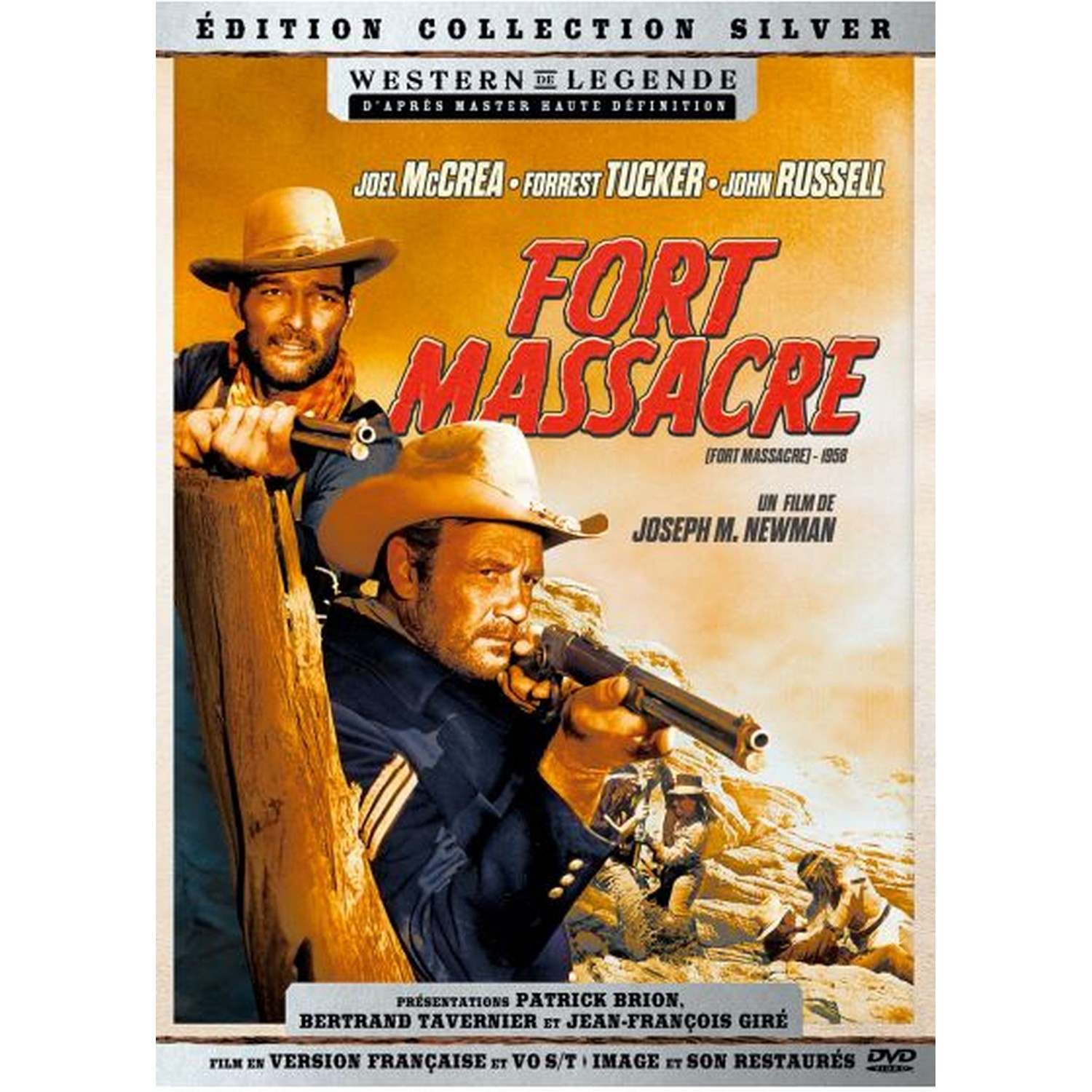 Filmposter voor 'Fort Massacre' met twee mannen met cowboyhoeden en geweren. Vintage stijl.