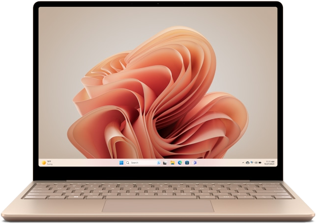 Laptop, Vorderansicht, goldfarben, offen, Bildschirm an.