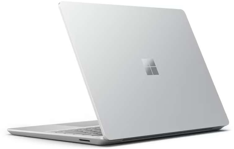 Laptop, Rückansicht, silberne Farbe, geschlossen, Microsoft-Logo.
