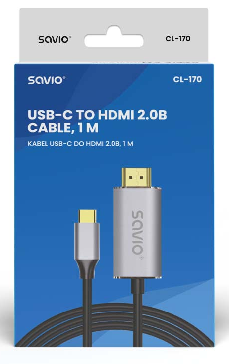 Egy fehér és kék doboz USB-C-HDMI kábelhez. A kábel ezüst és fekete.