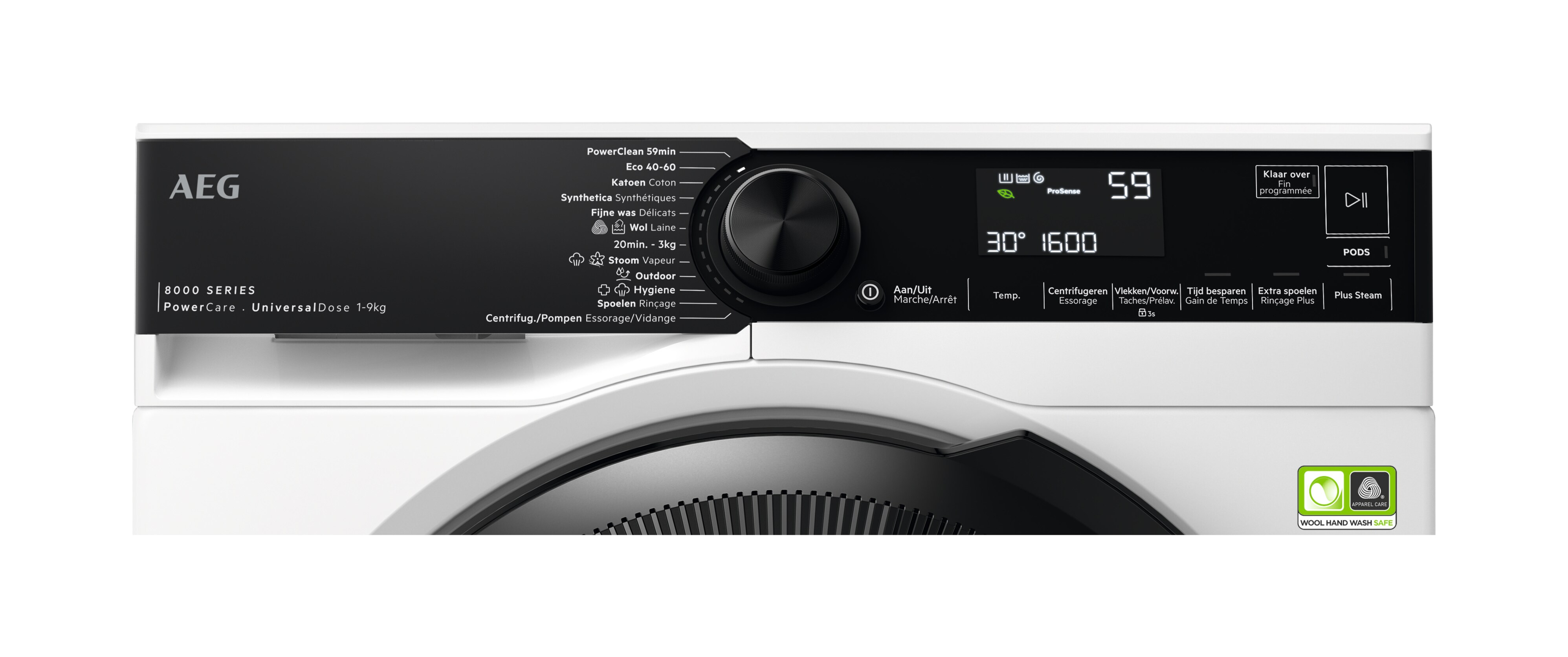 Washing machine control panel. Black panel with white text and a central dial. White and black background.