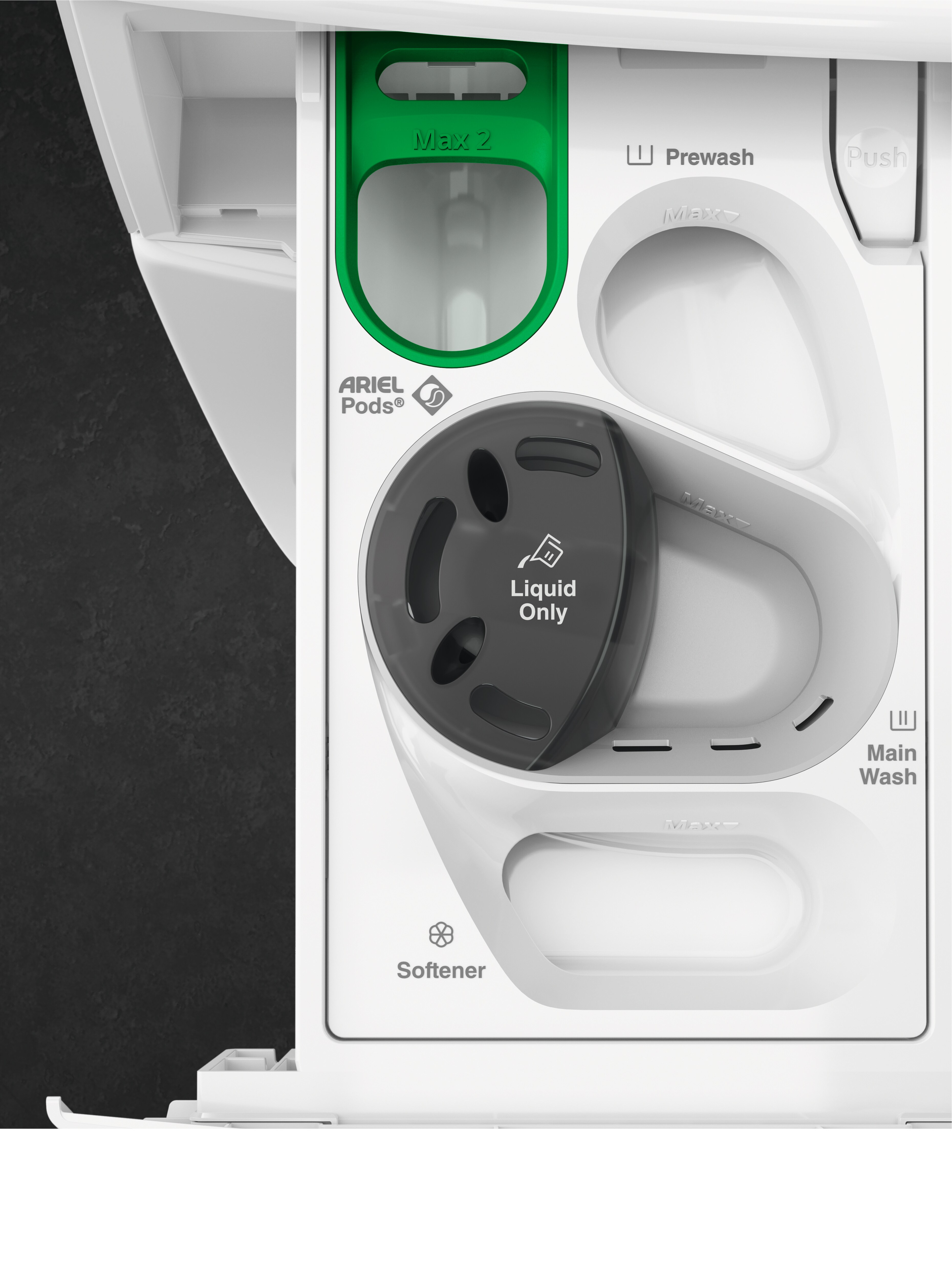 Washing machine detergent drawer open, showing compartments and liquid detergent dispenser.