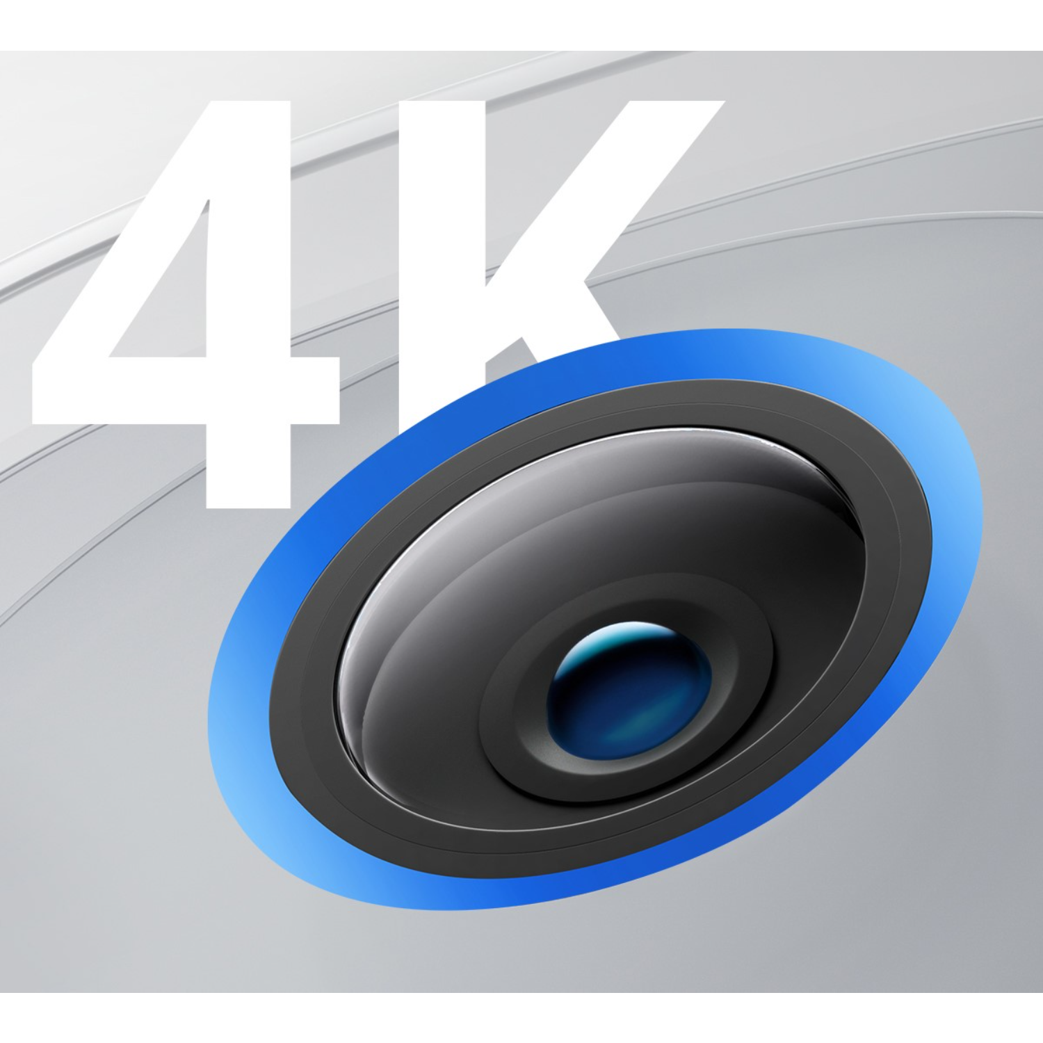 Close-up of a camera lens with a blue ring and a white '4K' text on top.