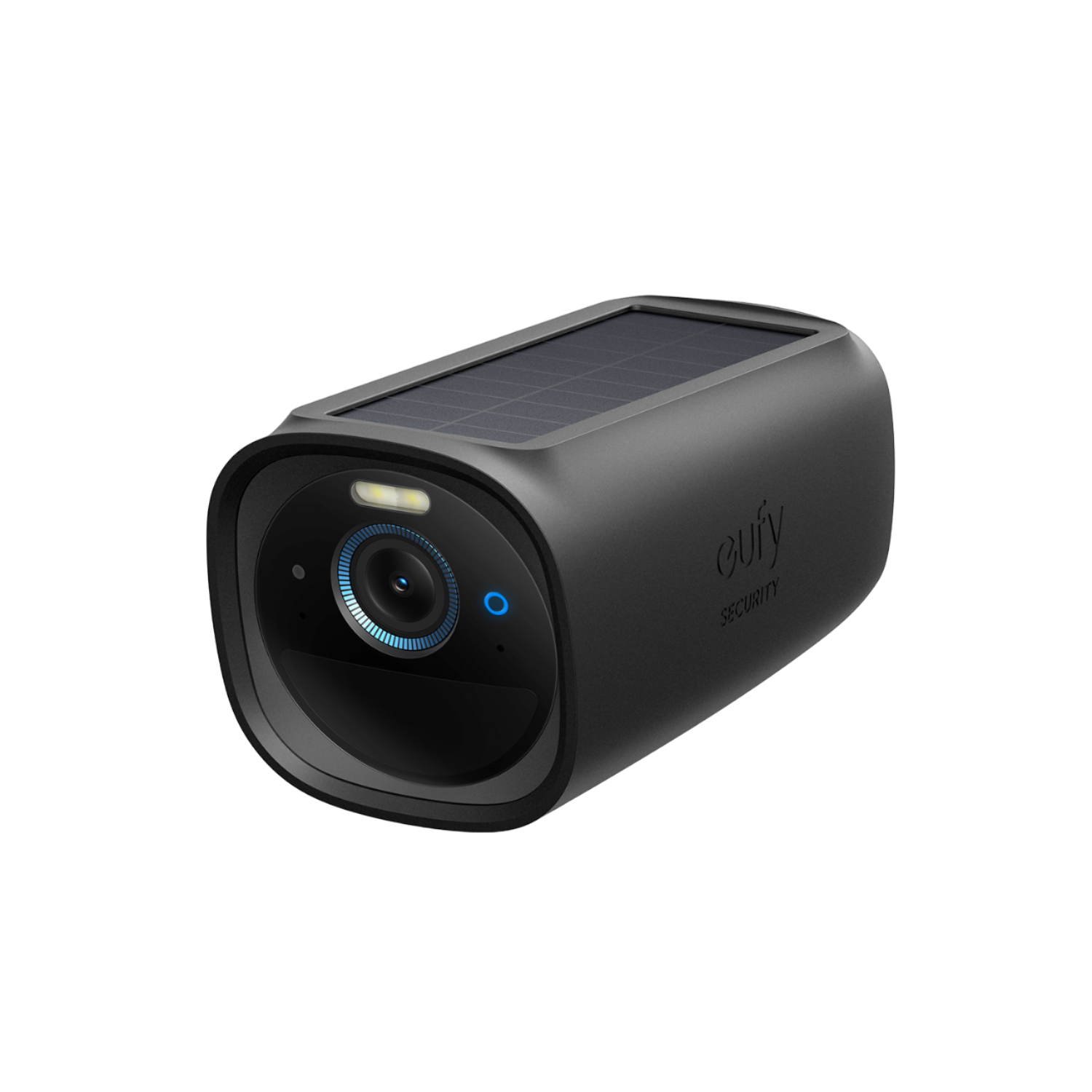 A black security camera with a solar panel on top.