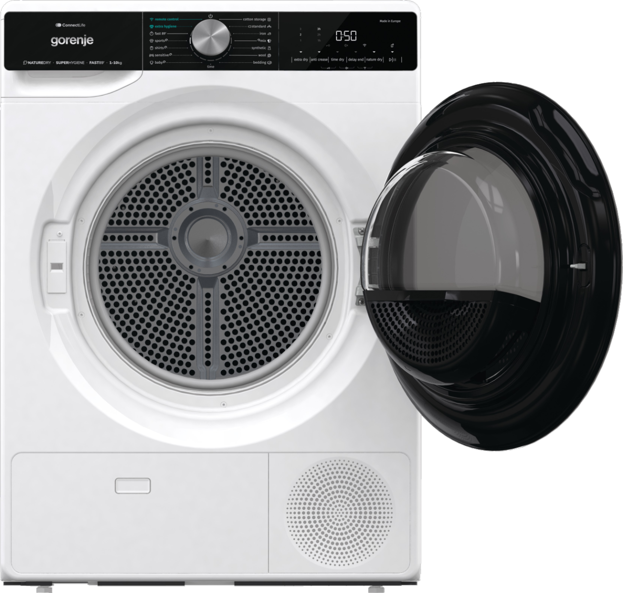 Fehér Gorenje szárító nyitott fekete ajtóval, dobbal és kezelőszervekkel, fekete háttérrel.